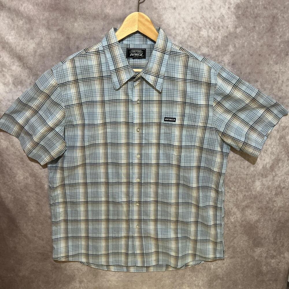 VINTAGE Avirex Streetwear Baby Blue Plaid Short Sleeve Button Up size XL